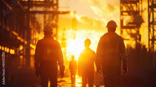Silhouettes of workers walking towards the sunset in an industrial setting, symbolizing hard work and dedication.