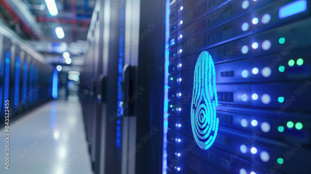 A close-up shot of a server rack in a data center with a blue fingerprint light emitting from the front of the rack