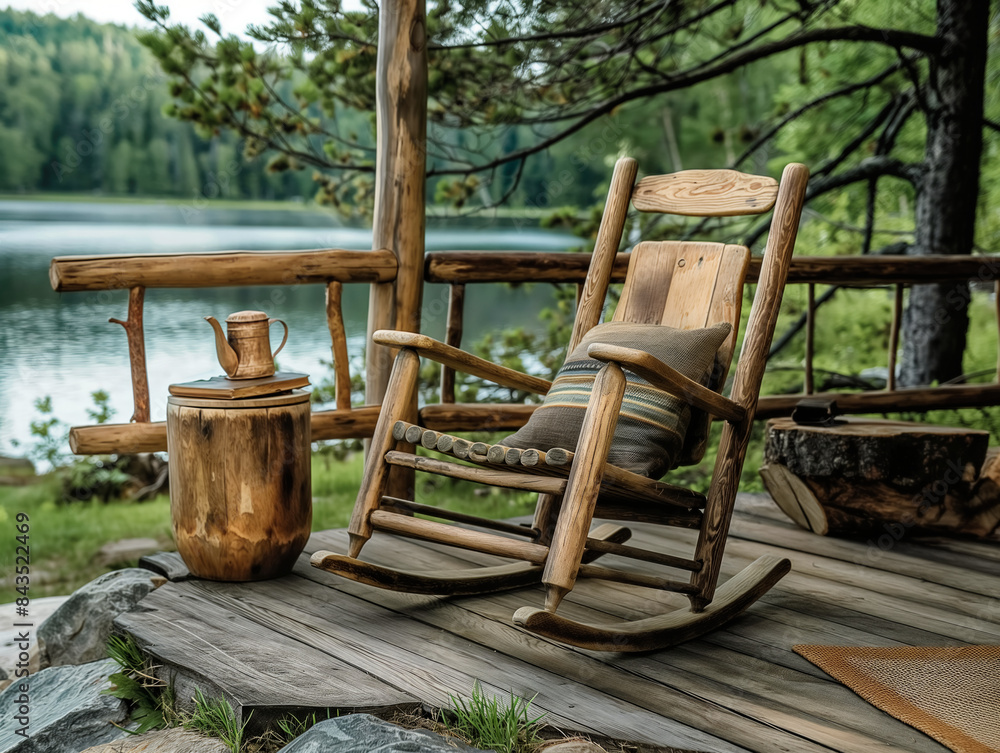 A wooden rocking chair is sitting on a porch overlooking a lake. A tea kettle and a cup are on a small table nearby. The scene is peaceful and relaxing A wooden rocking chair is sitting on a porch overlooking a lake. A tea kettle and a cup are on a small table nearby. The scene is peaceful and relaxing