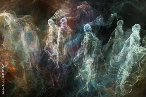 A digital art piece depicting abstract figures formed from swirling, ethereal smoke, representing the physical manifestation of thoughts. Generative AI photo