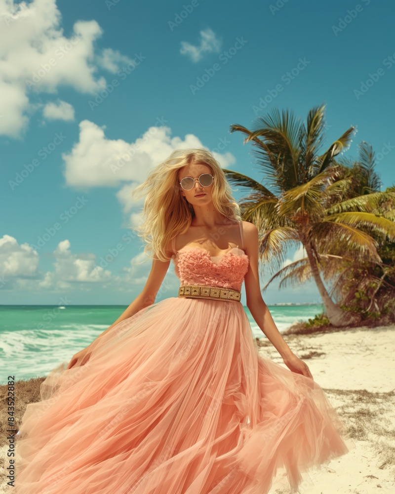 A blonde model stands on a sandy beach in a peach strapless gown, palms and sea in view A blonde model stands on a sandy beach in a peach strapless gown, palms and sea in view