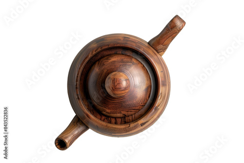 Top view of a wooden teapot with a lid and spouts, showcasing intricate wood grain patterns. Isolated on a transparent background. photo