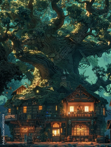 A whimsical image featuring a large tree with an integrated house, lit warmly against a twilight backdrop