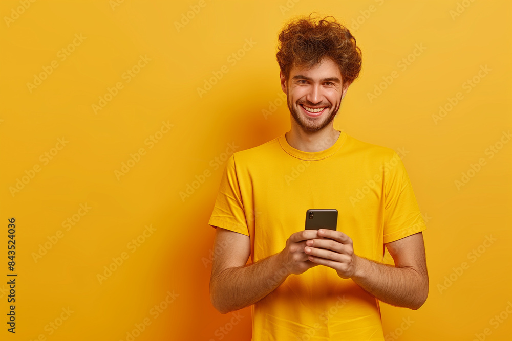 Handsome man texting on his smartphone, smiling Handsome man texting on his smartphone, smiling