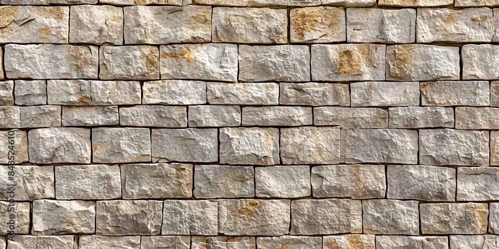 Panoramic background of wide beige brick or stone wall texture. Home or office design backdrop, Generative AI