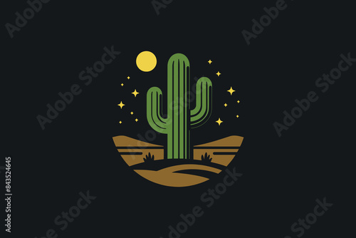 Night desert and cactus. Logo, icon, emblem. Modern simple vector illustration
