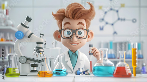 3D character scientist with lab equipment on a white laboratory background  © Oleksandr