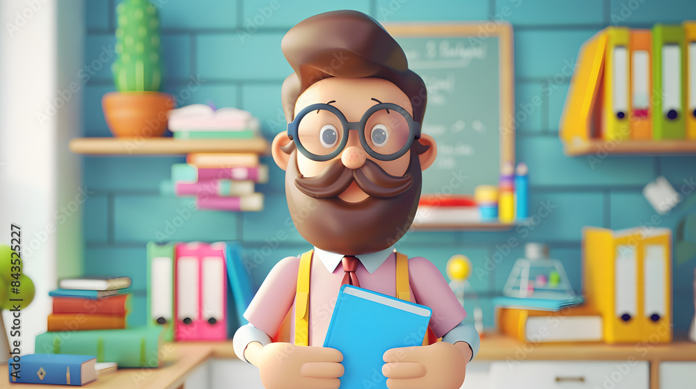 3D character teacher with books on a light classroom background 3D character teacher with books on a light classroom background