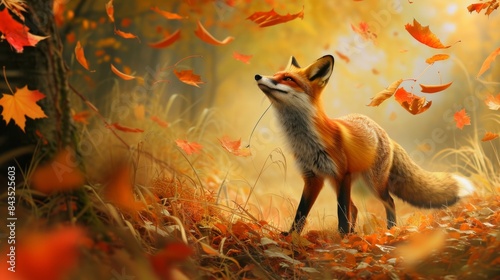 a little fox leading a tour through the forest, telling interesting facts about the flora and fauna, against the backdrop of bright autumn leaves. --no text --ar 16:9 --quality 0.5 Job ID: 30bb2f30