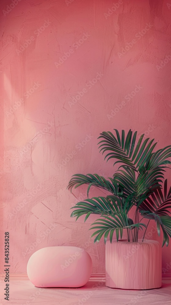 A minimalist interior with textured pink wall, modern table, and tropical plant in a pot, emanating peace A minimalist interior with textured pink wall, modern table, and tropical plant in a pot, emanating peace