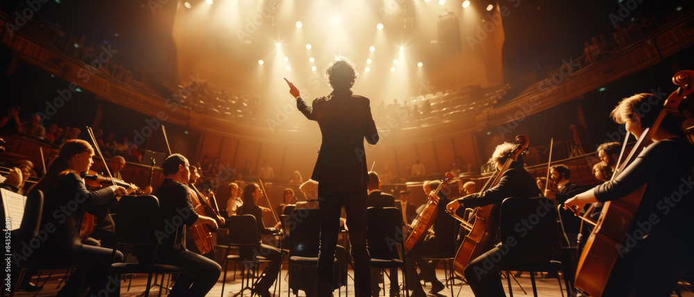 custom made wallpaper toronto digitalBathed in a warm, golden light, a conductor leads an orchestra with passion, the musicians synchronized in a beautiful symphony performance.