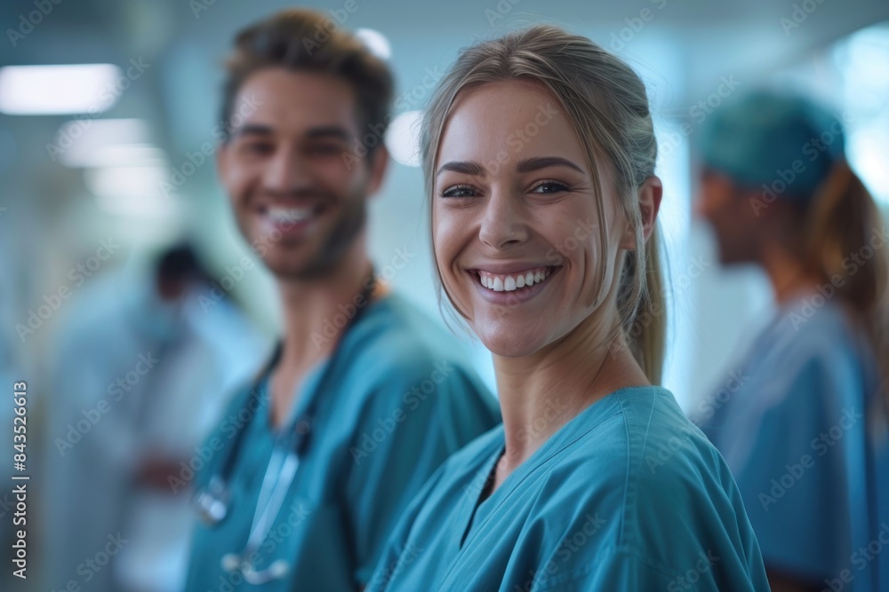 A smiling woman in a blue scrubs is standing next to a smiling man in a blue scr A smiling woman in a blue scrubs is standing next to a smiling man in a blue scr