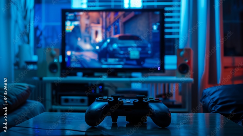 A video game controller sits on a table in front of a television A video game controller sits on a table in front of a television