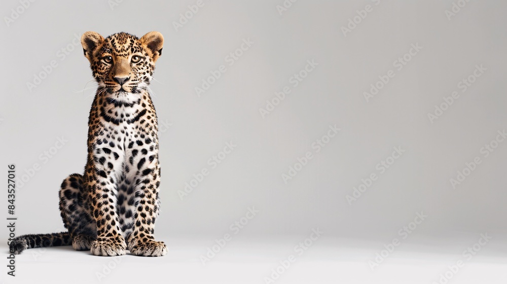 Naklejka premium A cute leopard sitting on a solid background with space above for text, Generative AI