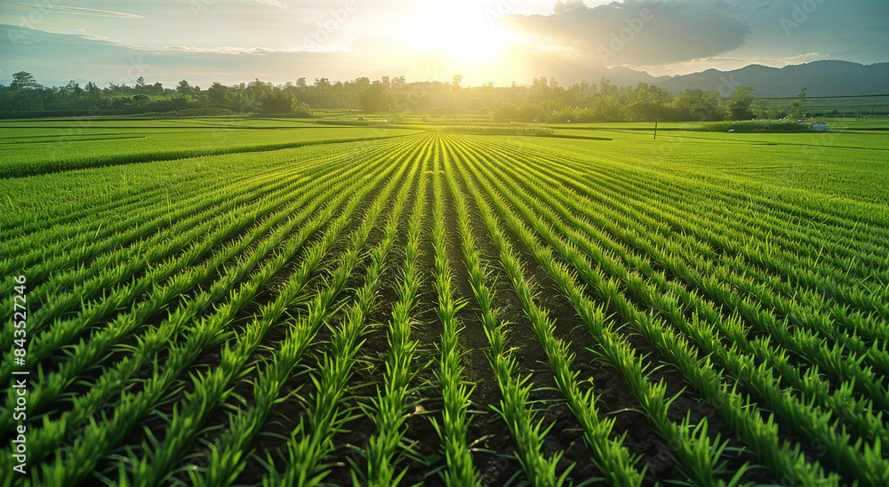 Top view, large panorama, bright sunshine, rice seedlings. Generative AI. Top view, large panorama, bright sunshine, rice seedlings. Generative AI.