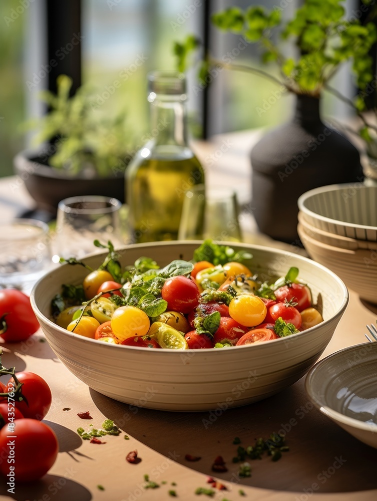 A large bowl with a colorful mixed salad placed on a dinner table with setting in soft, warm sunlight ambiance A large bowl with a colorful mixed salad placed on a dinner table with setting in soft, warm sunlight ambiance
