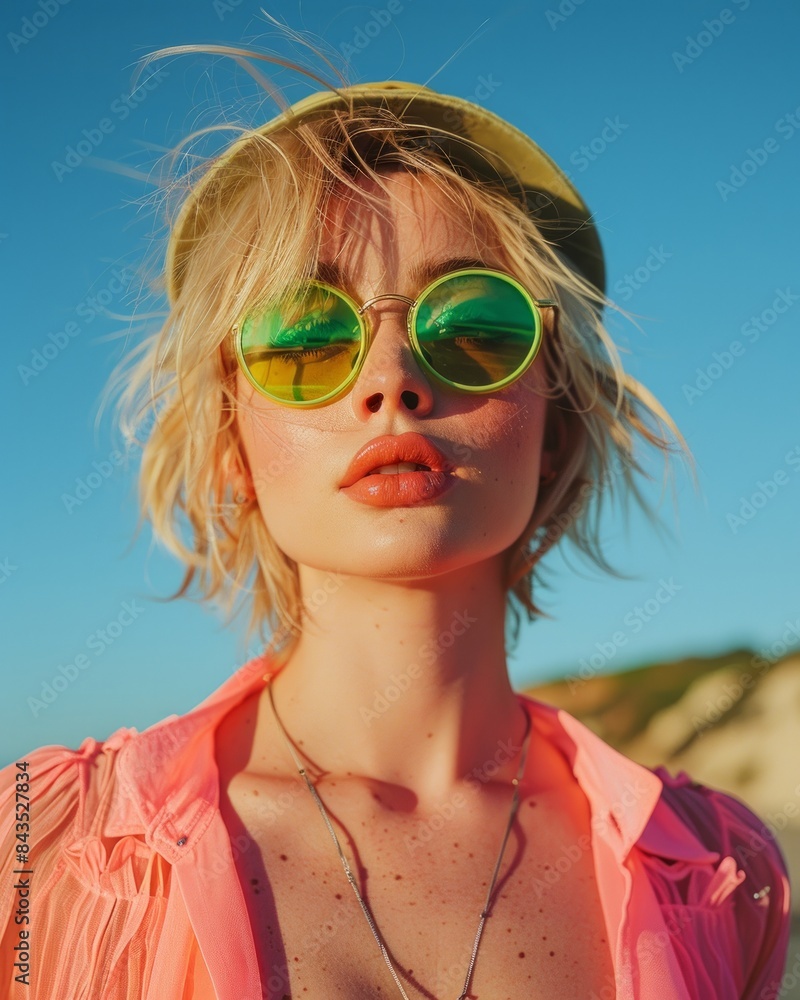A woman stands on the beach in a bright pink jacket adorned with a necklace under warm sunlight A woman stands on the beach in a bright pink jacket adorned with a necklace under warm sunlight