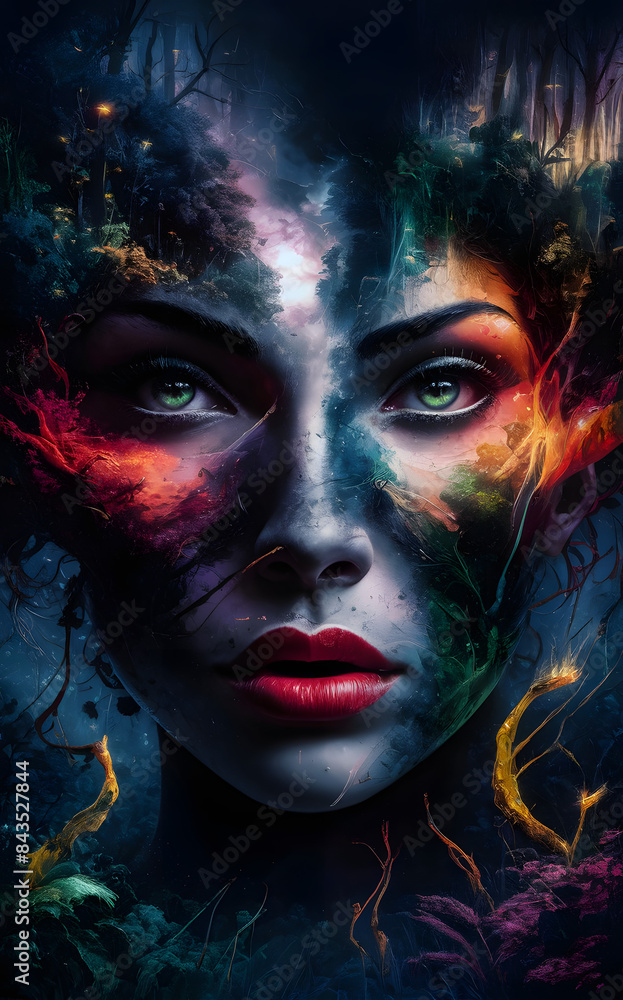 Abstract Portrait of Woman Blending with Nighttime Forest Landscape Abstract Portrait of Woman Blending with Nighttime Forest Landscape