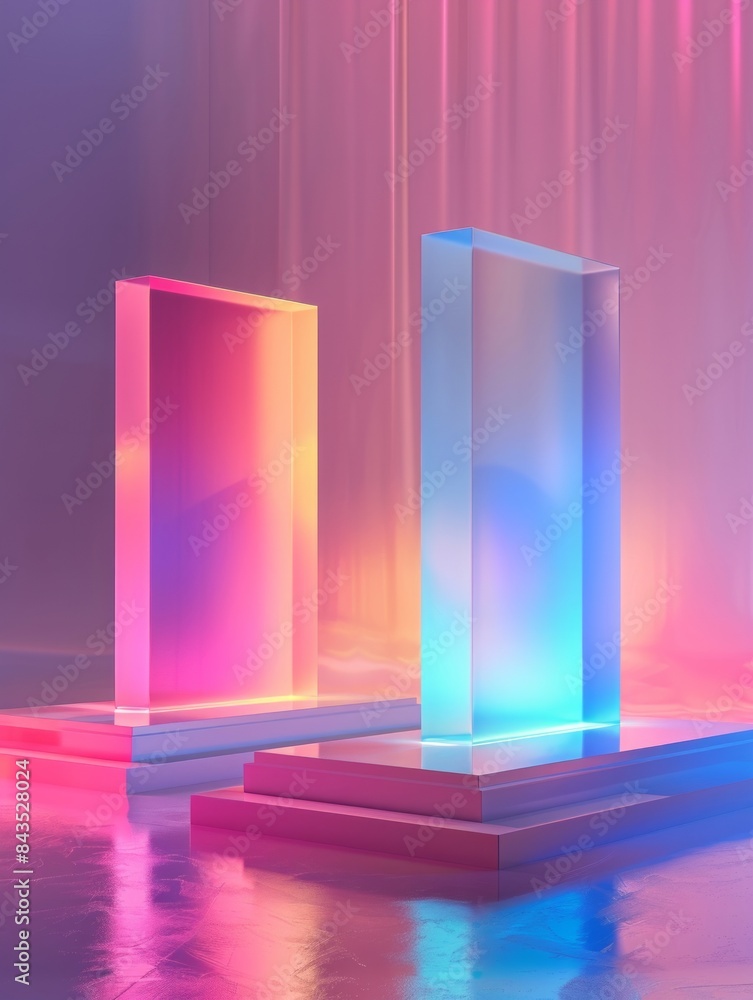 Two translucent geometric shapes emit a vibrant neon glow, adding a surreal feel to the conceptual art piece