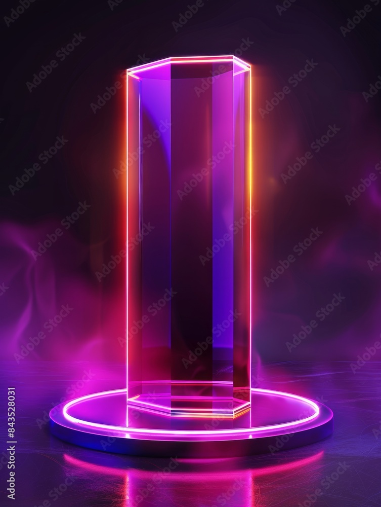 A neon-outlined rectangular prism sits atop a circular stand enveloped by a mystical, dark background A neon-outlined rectangular prism sits atop a circular stand enveloped by a mystical, dark background