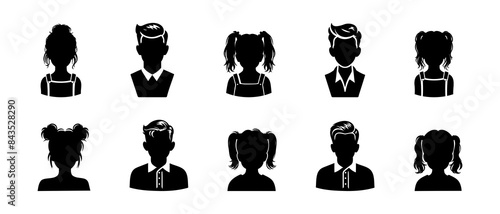 Avatar of young girl and boy front view profile silhouette black filled vector Illustration icon.
