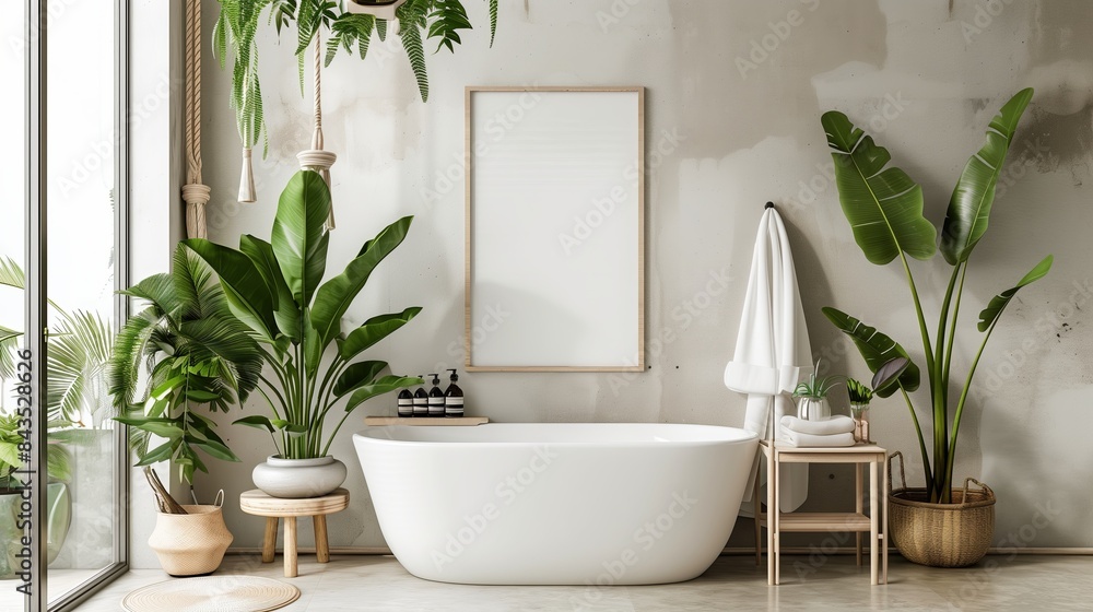 Modern bathroom design with an interior bathtub. Room includes a white house indoor home with an apartment wall. Nobody empty luxury clean style. Contemporary floor bathe tub Modern bathroom design with an interior bathtub. Room includes a white house indoor home with an apartment wall. Nobody empty luxury clean style. Contemporary floor bathe tub