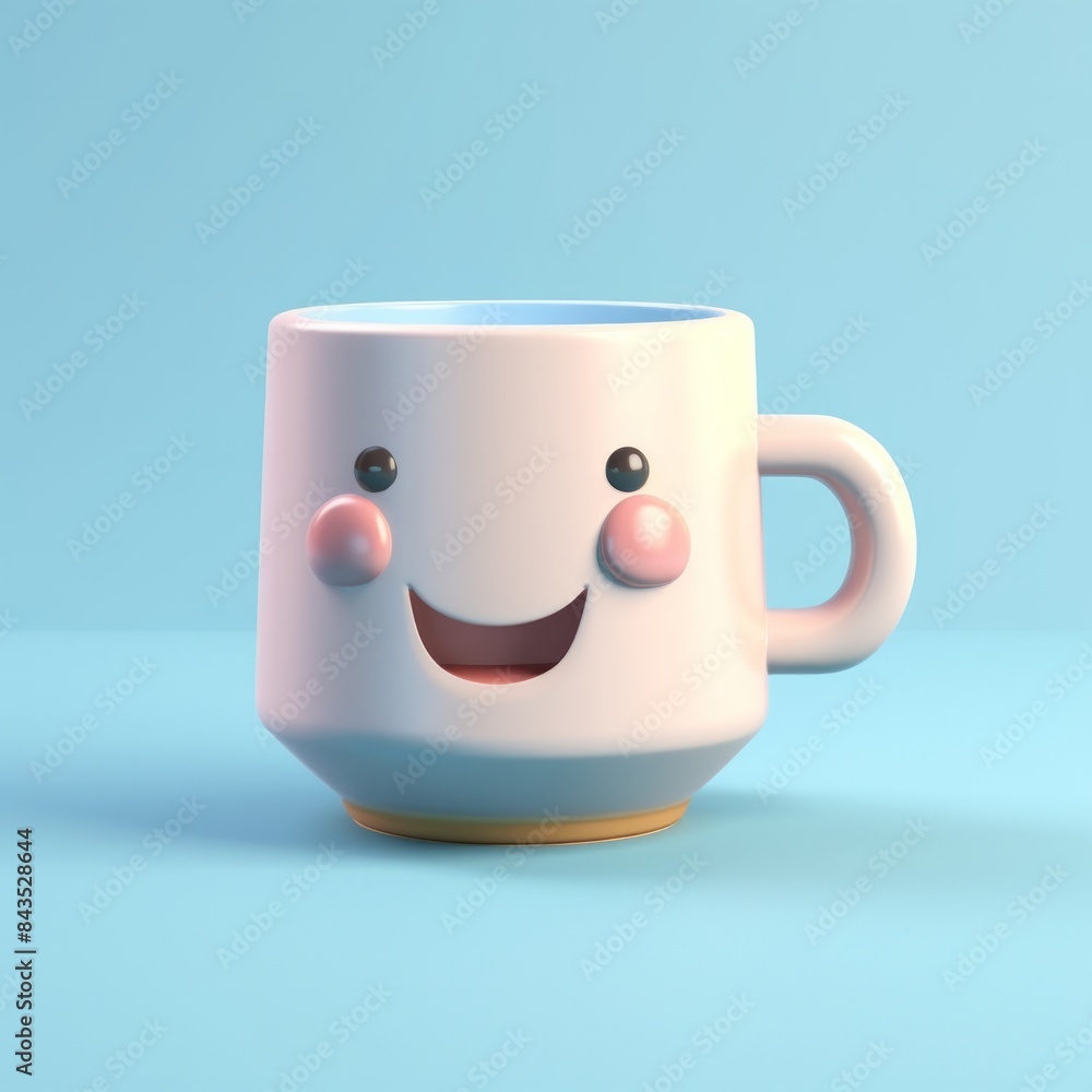 A cheerful 3D-rendered mug with a smiling face and rosy cheeks stands against a blue backdrop A cheerful 3D-rendered mug with a smiling face and rosy cheeks stands against a blue backdrop