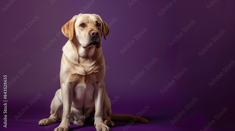 Affectionate Labrador Retriever sitting lovingly on a deep purple surface, ideal for showcasing your message or logo, Generative AI Affectionate Labrador Retriever sitting lovingly on a deep purple surface, ideal for showcasing your message or logo, Generative AI