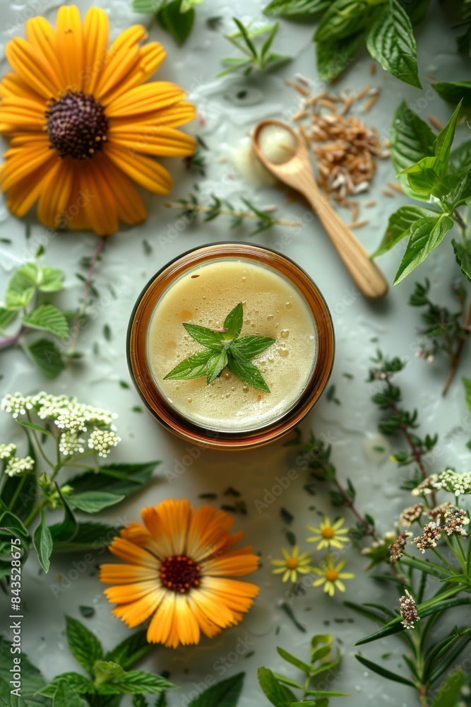 Top view of natural facial scrub with honey and mint leaves, placed among colorful flowers and wooden scoop Top view of natural facial scrub with honey and mint leaves, placed among colorful flowers and wooden scoop