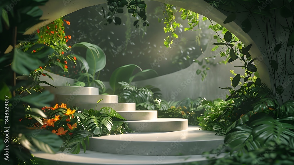 Fototapeta premium Serene Modern Garden with Curved Steps and Lush Greenery, Sunlight Filtering Through Leaves, Creating a Peaceful and Tranquil Atmosphere, Perfect for Nature, Architecture, and Interior Design Themes
