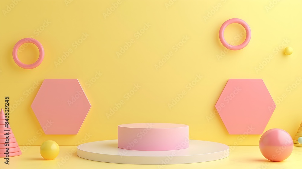 Minimalist Abstract Geometric Background with Yellow and Pink Shapes, 3D Rendering, Modern Design, Creative Display, Vibrant Colors, Hexagons, Circles, and Spheres, Perfect for Presentations and Minimalist Abstract Geometric Background with Yellow and Pink Shapes, 3D Rendering, Modern Design, Creative Display, Vibrant Colors, Hexagons, Circles, and Spheres, Perfect for Presentations and
