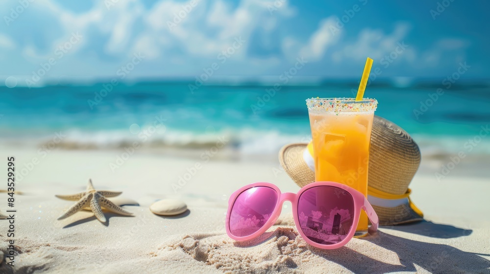 Summer background with a straw hat, sunglasses and cocktail on the background of sea waves and the beach. A creative concept of minimalism for vacations, summer vacations. Summer background with a straw hat, sunglasses and cocktail on the background of sea waves and the beach. A creative concept of minimalism for vacations, summer vacations.