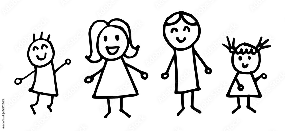Set of family, father mother son daughter, doodle cartoon handdrawn Set of family, father mother son daughter, doodle cartoon handdrawn