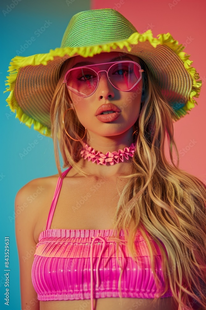 A model with a vibrant green hat and pink sunglasses stylishly poses against a colorful neon background A model with a vibrant green hat and pink sunglasses stylishly poses against a colorful neon background