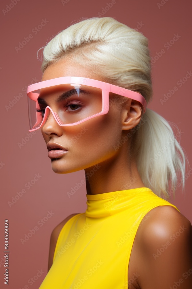 Woman in yellow top with statement futuristic pink glasses, against brown backdrop Woman in yellow top with statement futuristic pink glasses, against brown backdrop