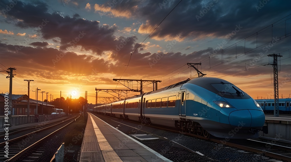 Naklejka premium Modern high speed commuter train on the railway station.generative.ai