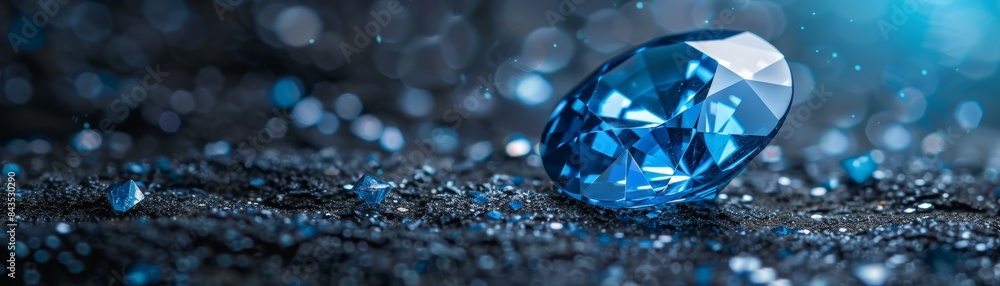 Close-up of a sparkling blue diamond on a dark textured surface, surrounded by smaller blue gem fragments creating a luxurious and elegant scene. Close-up of a sparkling blue diamond on a dark textured surface, surrounded by smaller blue gem fragments creating a luxurious and elegant scene.
