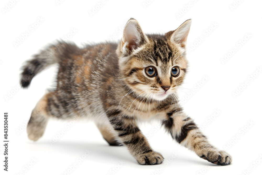 Playful kitten, running, playing isolated over white background