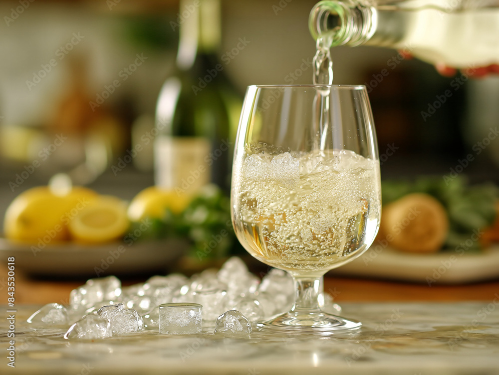 A glass of wine is poured into a wine glass with ice cubes in it