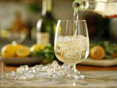 Obraz na płótnie A glass of wine is poured into a wine glass with ice cubes in it w salonie
