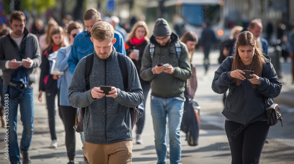 People walking on a city street, all looking at their smartphones. The image captures the modern phenomenon of constant phone use in public spaces.