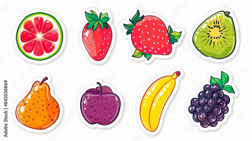 flat design stickers, fruit collection, white background, 16:9 flat design stickers, fruit collection, white background, 16:9