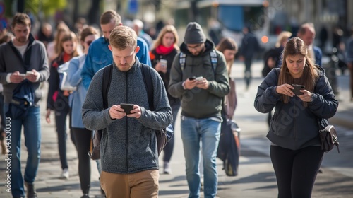 Obraz na płótnie People walking on a city street, all looking at their smartphones. The image captures the modern phenomenon of constant phone use in public spaces. w salonie