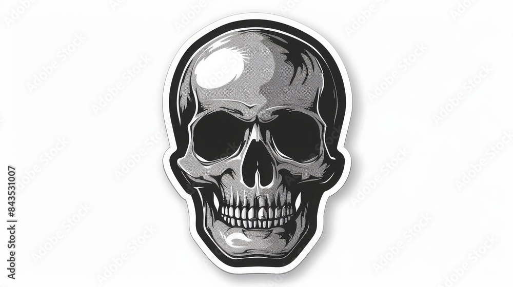 Fototapeta premium flat sticker design, human skul, death, thick bold white outline, white background, 16:9