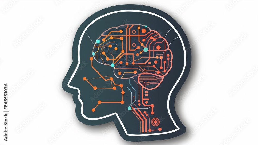 flat sticker design, artificial intelligence, human head, thick bold white outline, white background, 16:9