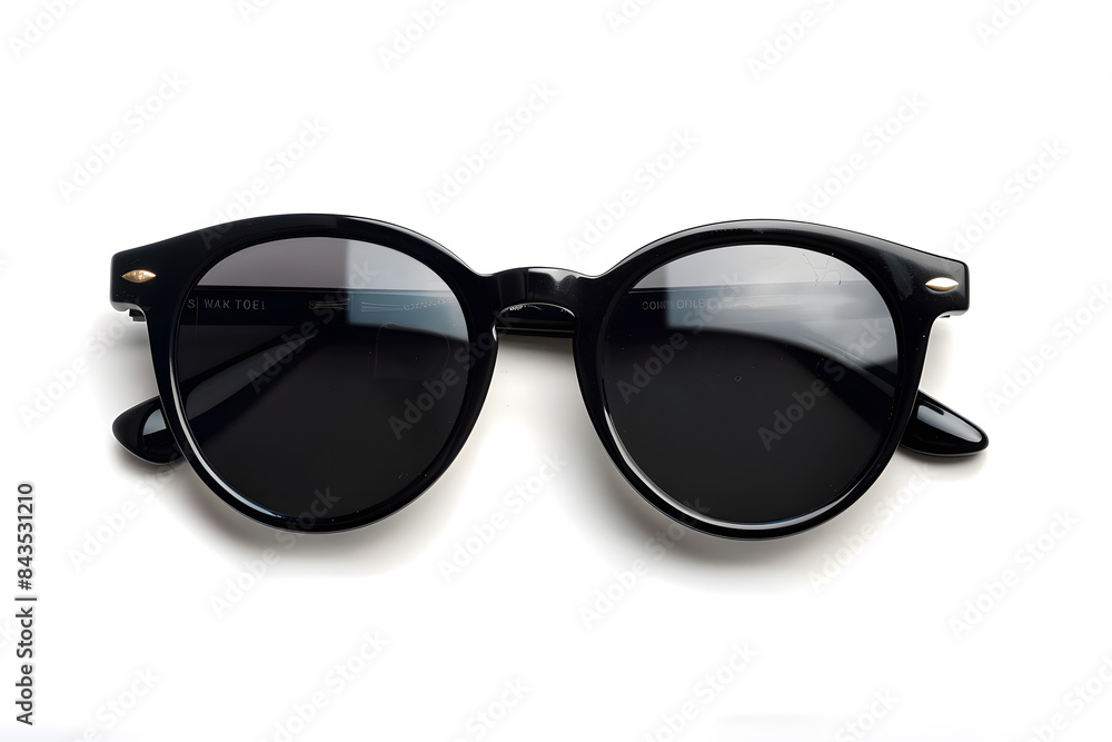 Stylish black sunglasses isolated on white background, top view Stylish black sunglasses isolated on white background, top view