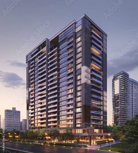 architectural rendering, exterior view, luxury high rise, residential building