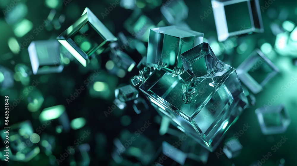 3d render of the exploding cubes with dynamic and reflections dark background, green and blue colors 3d render of the exploding cubes with dynamic and reflections dark background, green and blue colors