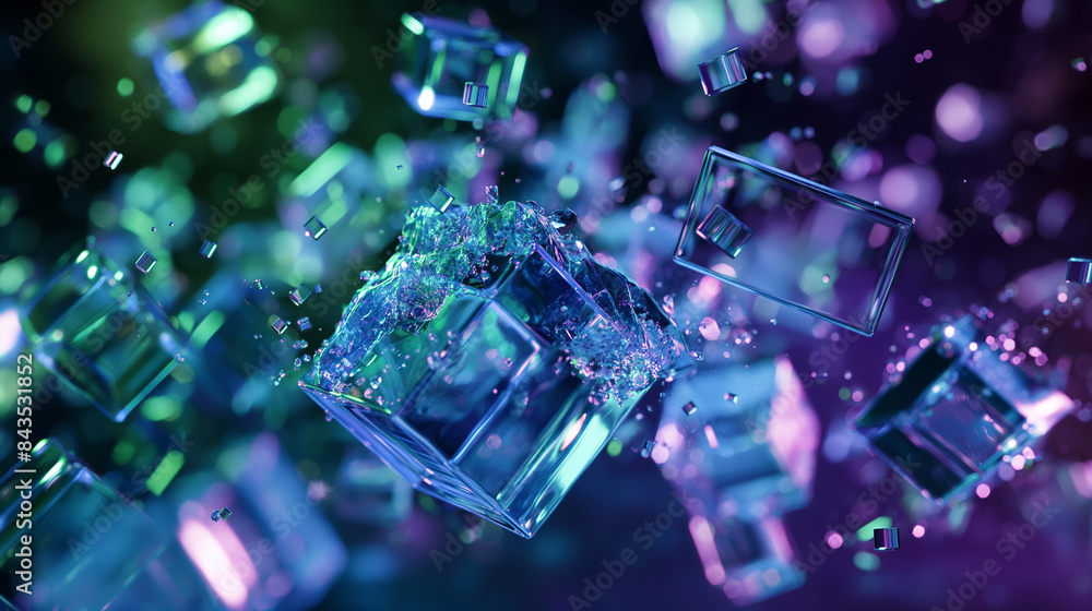 3d render of the exploding cubes with dynamic and reflections dark background, green, purple and blue colors 3d render of the exploding cubes with dynamic and reflections dark background, green, purple and blue colors