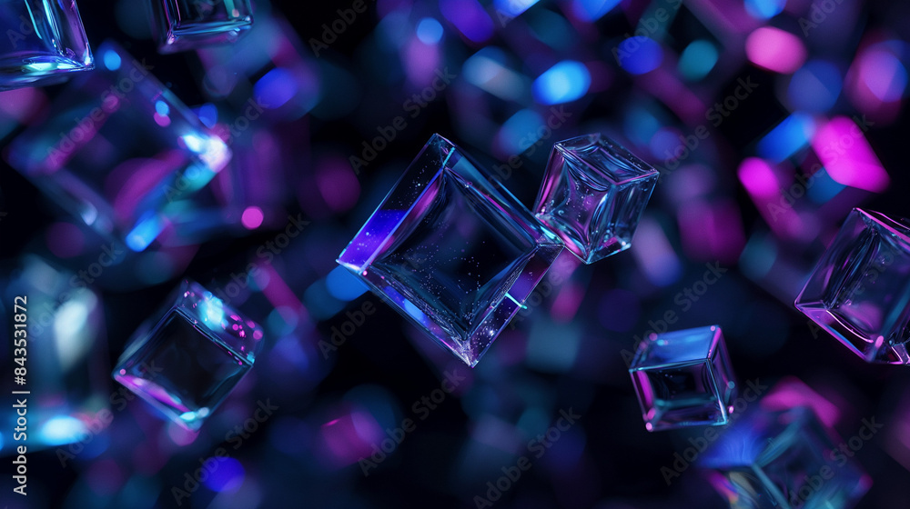 3d render of the exploding cubes with dynamic and reflections dark background, purple and blue colors 3d render of the exploding cubes with dynamic and reflections dark background, purple and blue colors